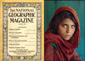 Steve McCurry’s iconic photograph of a young Afghan girl in a Pakistani refugee camp appeared on the cover of National Geographic magazine’s June 1985 and became the most famous cover image in the magazine’s history. Steve McCurry/Courtesy of National Geographic.