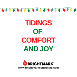 Brand graphic that says, "Tidings Of Comfort And Joy." Christmas lights decorate the top.